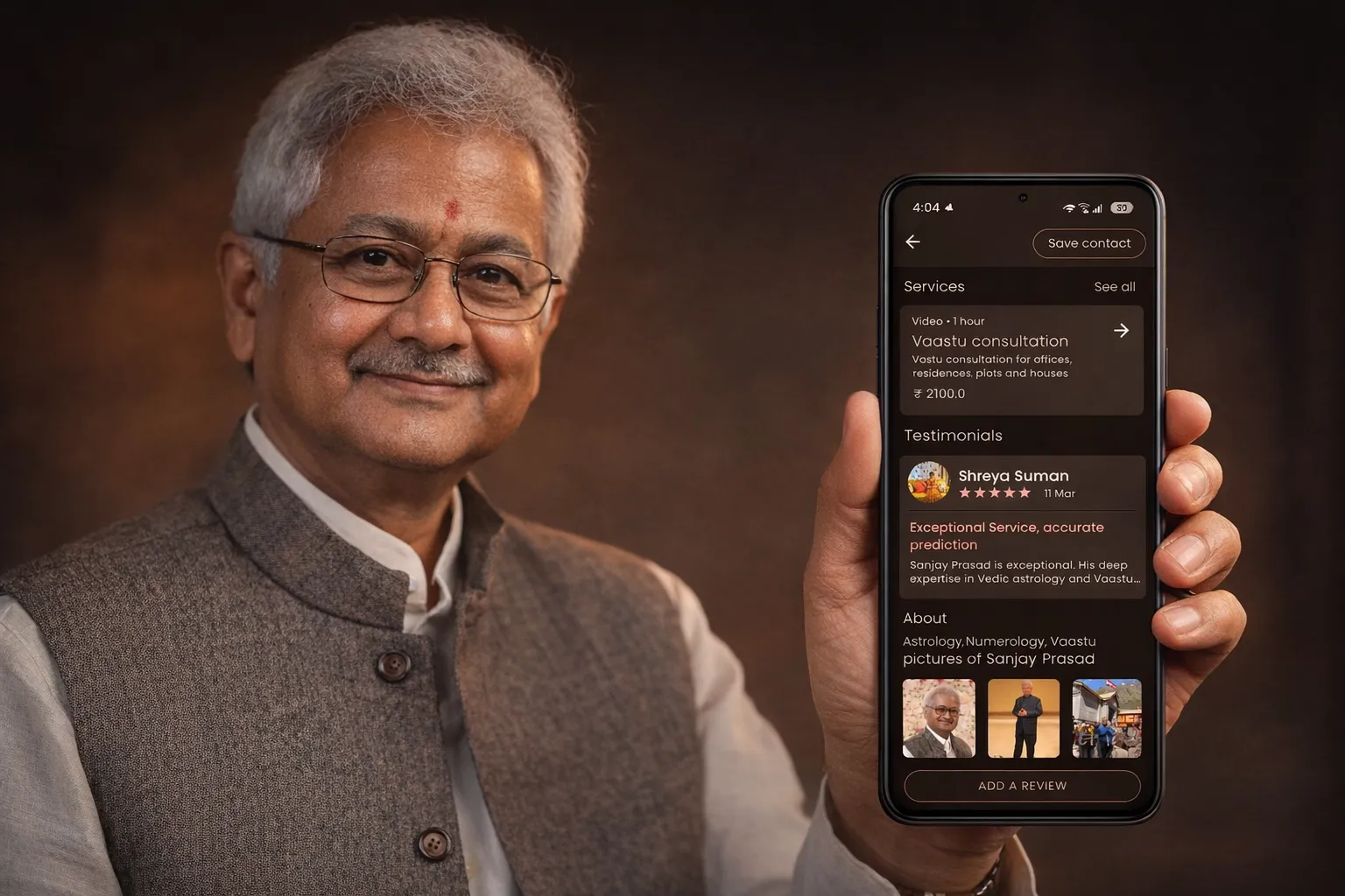 Astrologer showcasing Setav booking page on phone
